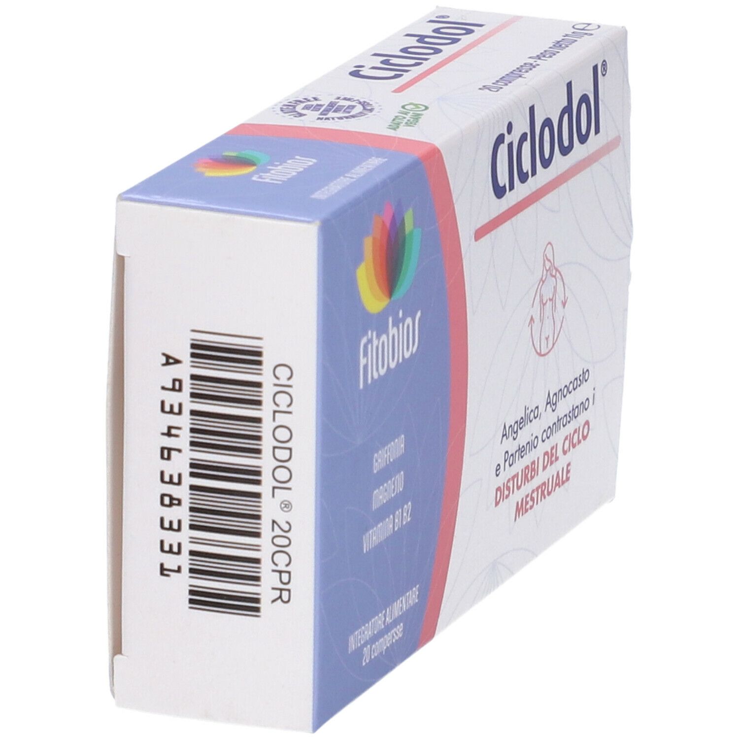Confezione di Ciclodol. Scatola blu e bianca con nome del prodotto, logo e ingredienti. Vista laterale.