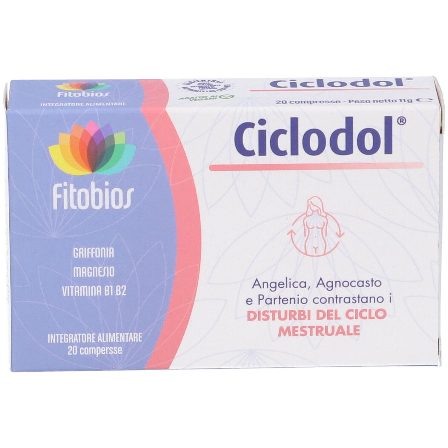 Confezione di Ciclodol. Scatola blu e bianca con nome del prodotto, logo e ingredienti. Vista laterale.