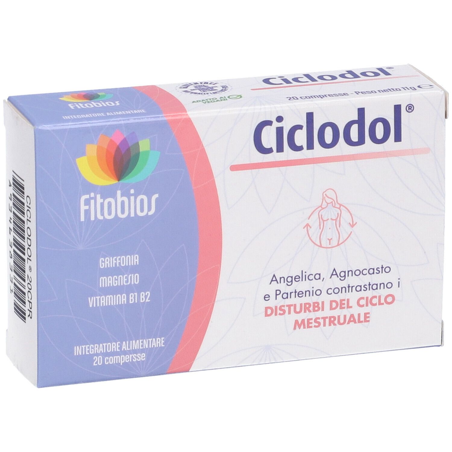 Confezione di Ciclodol. Scatola bianca con nome del prodotto, logo, ingredienti e illustrazione di una donna.