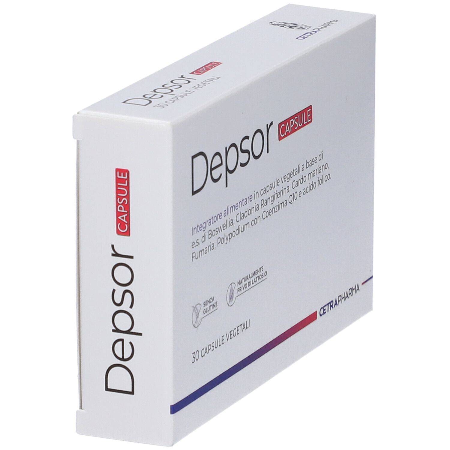 Scatola bianca Depsor Capsule in diagonale. Strisce rosse e blu.