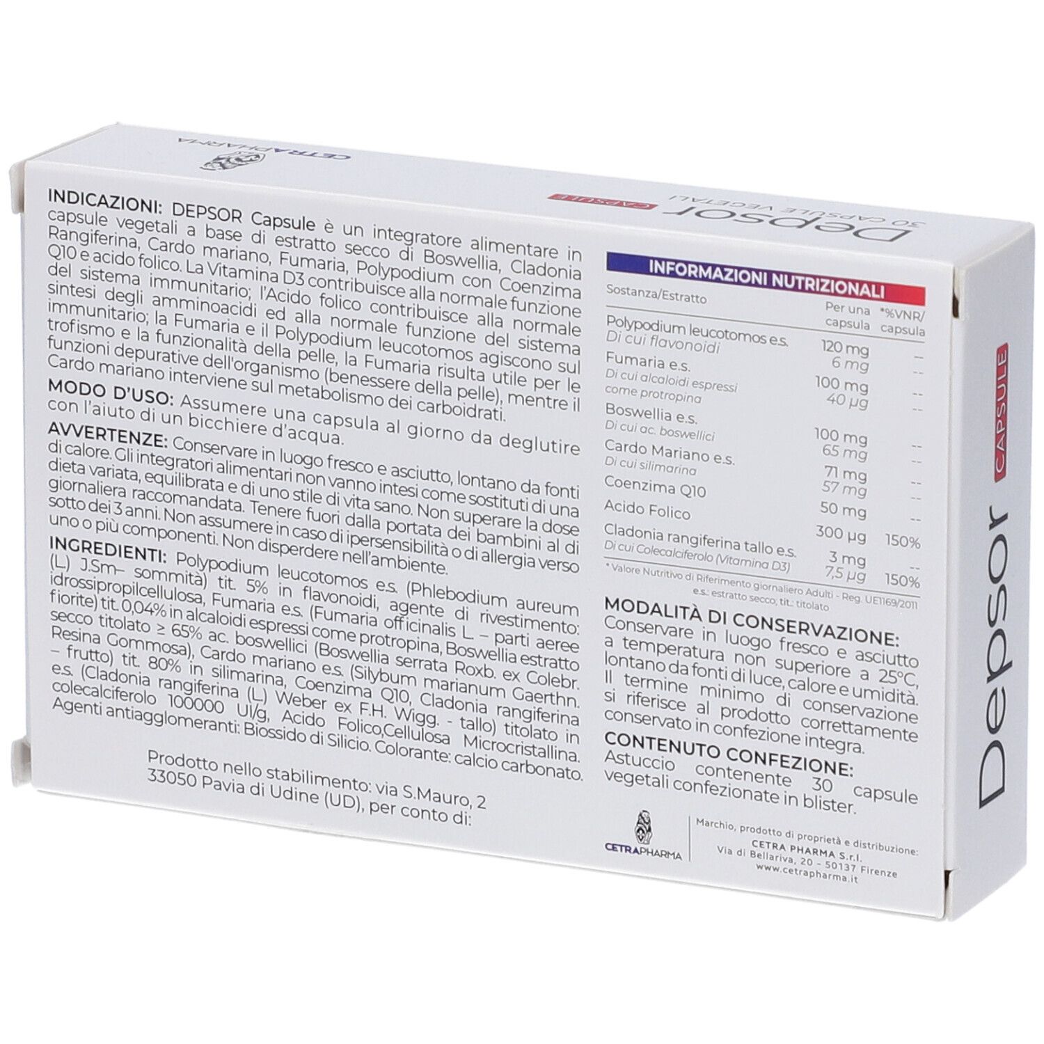 Retro della confezione Depsor Capsule. Contiene informazioni sugli ingredienti e i valori nutrizionali.
