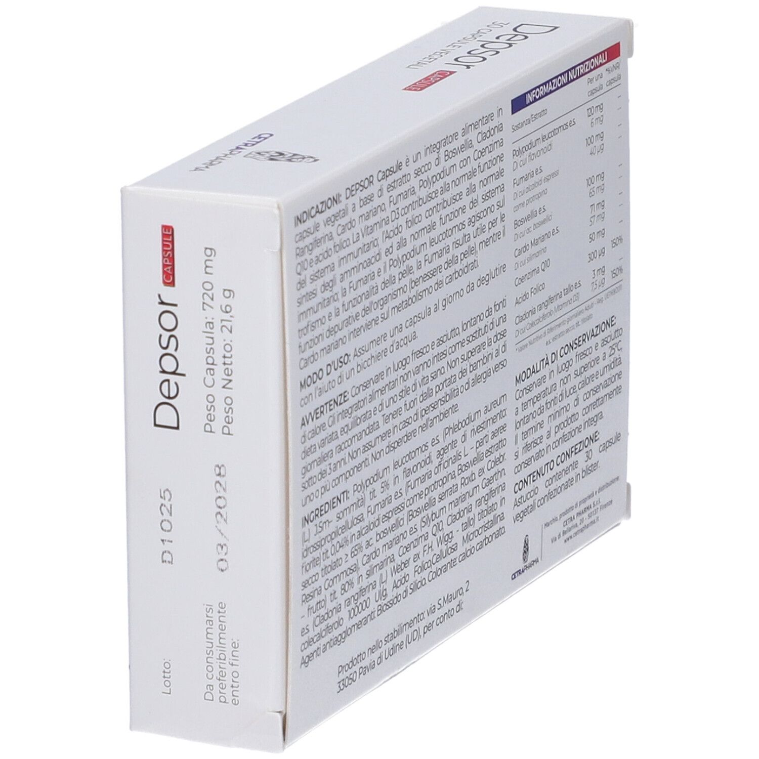 Confezione Depsor Capsule in diagonale. Contiene informazioni su peso e data di scadenza.