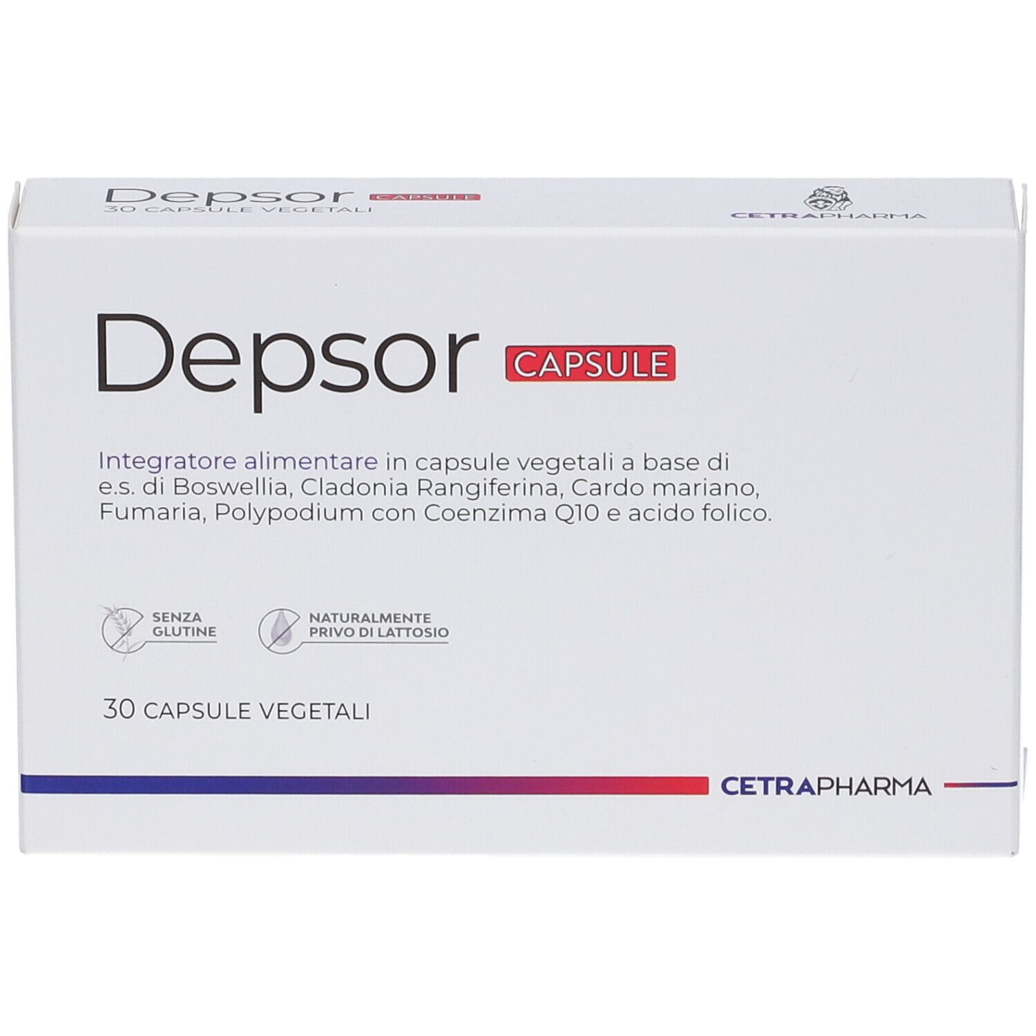 Scatola bianca Depsor Capsule. Contiene 30 capsule vegetali. Senza glutine e lattosio.