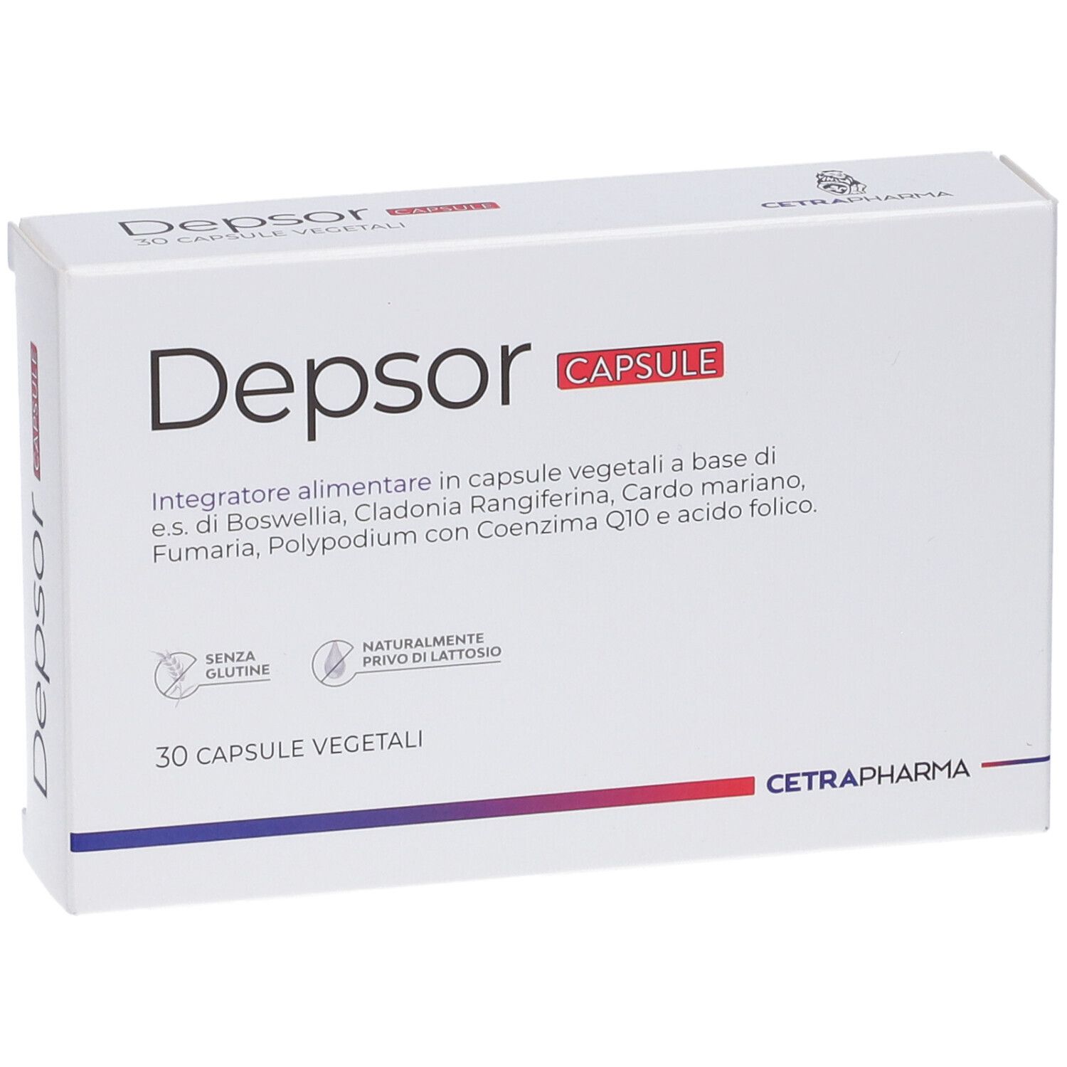 Scatola bianca Depsor Capsule. Contiene 30 capsule vegetali. Strisce blu e rosse.