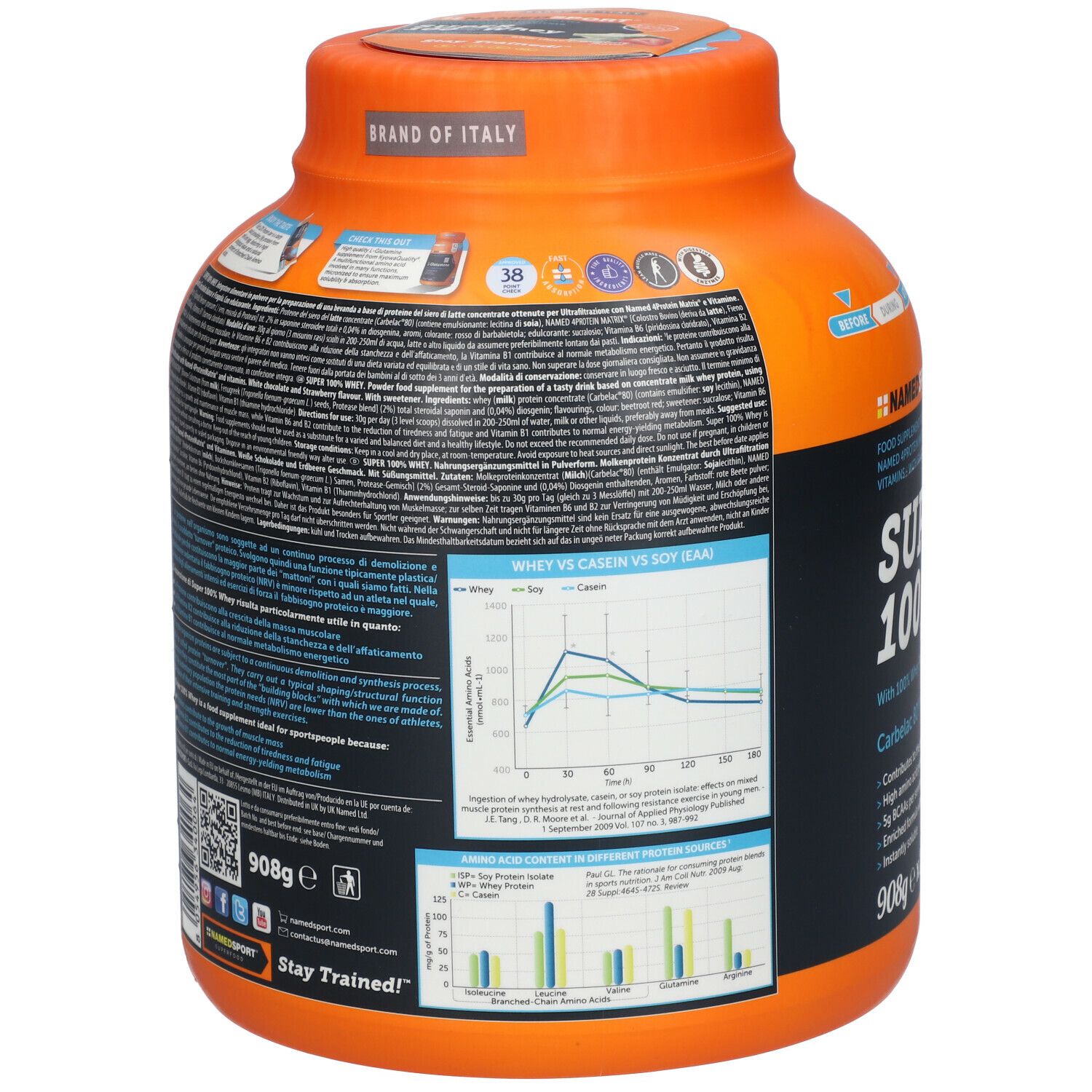 Retro del barattolo arancione NAMEDSPORT Super 100% Whey. Contiene informazioni e grafici. Con la scritta: Stay Trained!