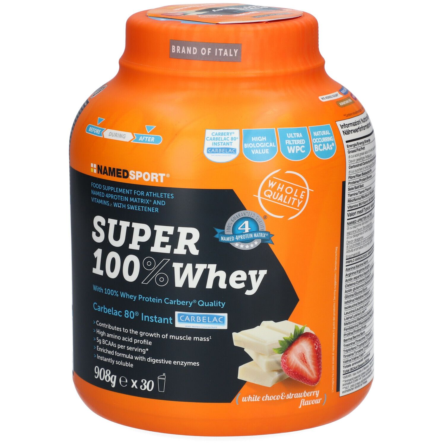 Barattolo arancione NAMEDSPORT Super 100% Whey. Scritto: White Choco & Strawberry Flavor. Contiene proteine del siero di latte. Con fragola e cioccolato.