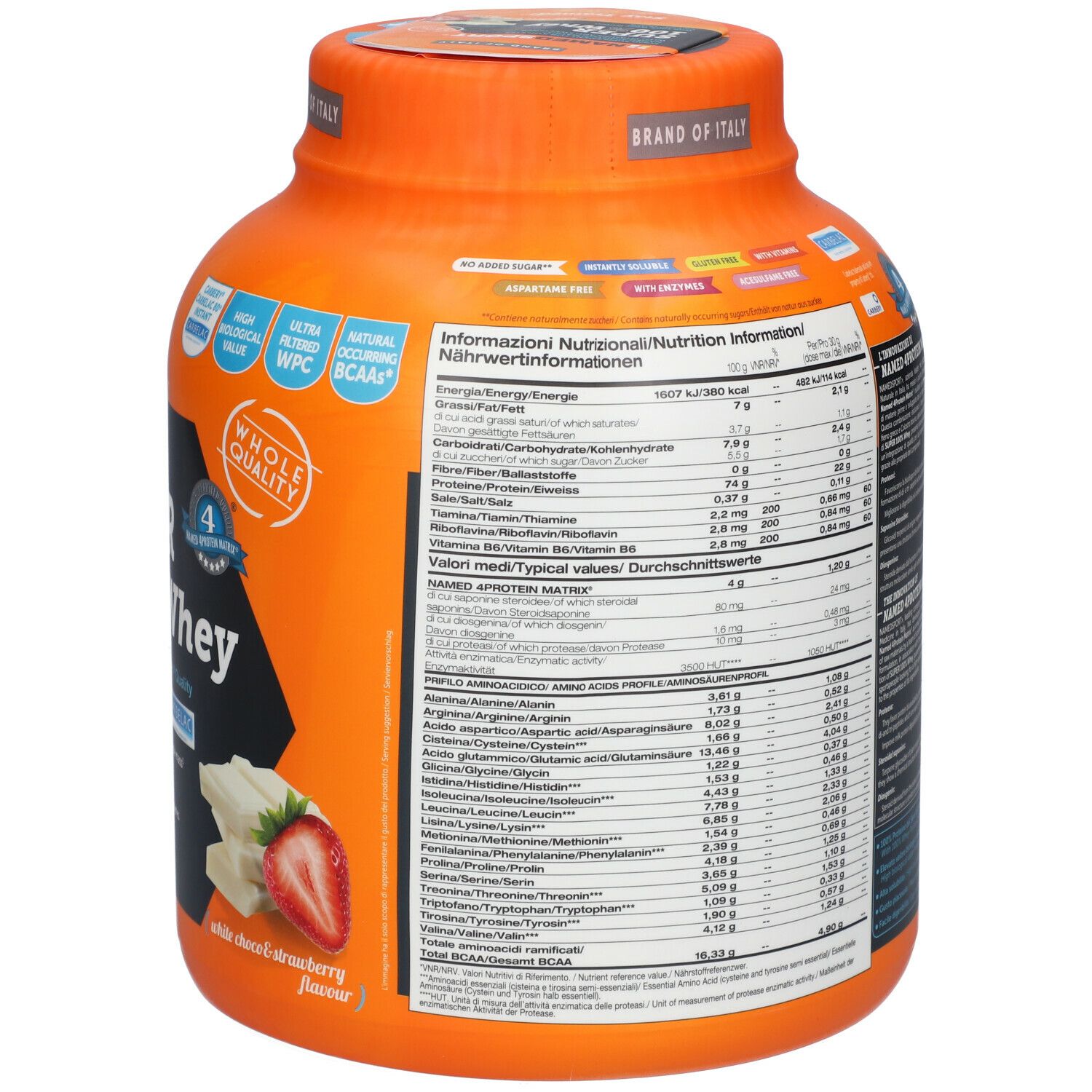 Retro del barattolo arancione NAMEDSPORT Super 100% Whey. Contiene informazioni e valori nutrizionali. Con la scritta: 908g.