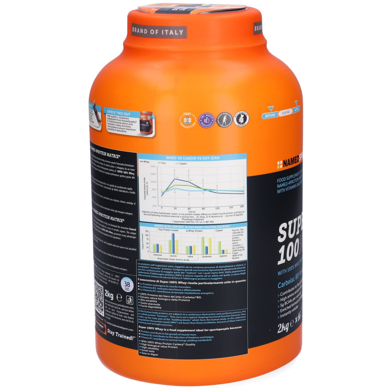 Retro di un contenitore arancione. Testo e grafici con informazioni sul prodotto. Scritta: NAMEDSPORT. Marchio: BRAND OF ITALY.