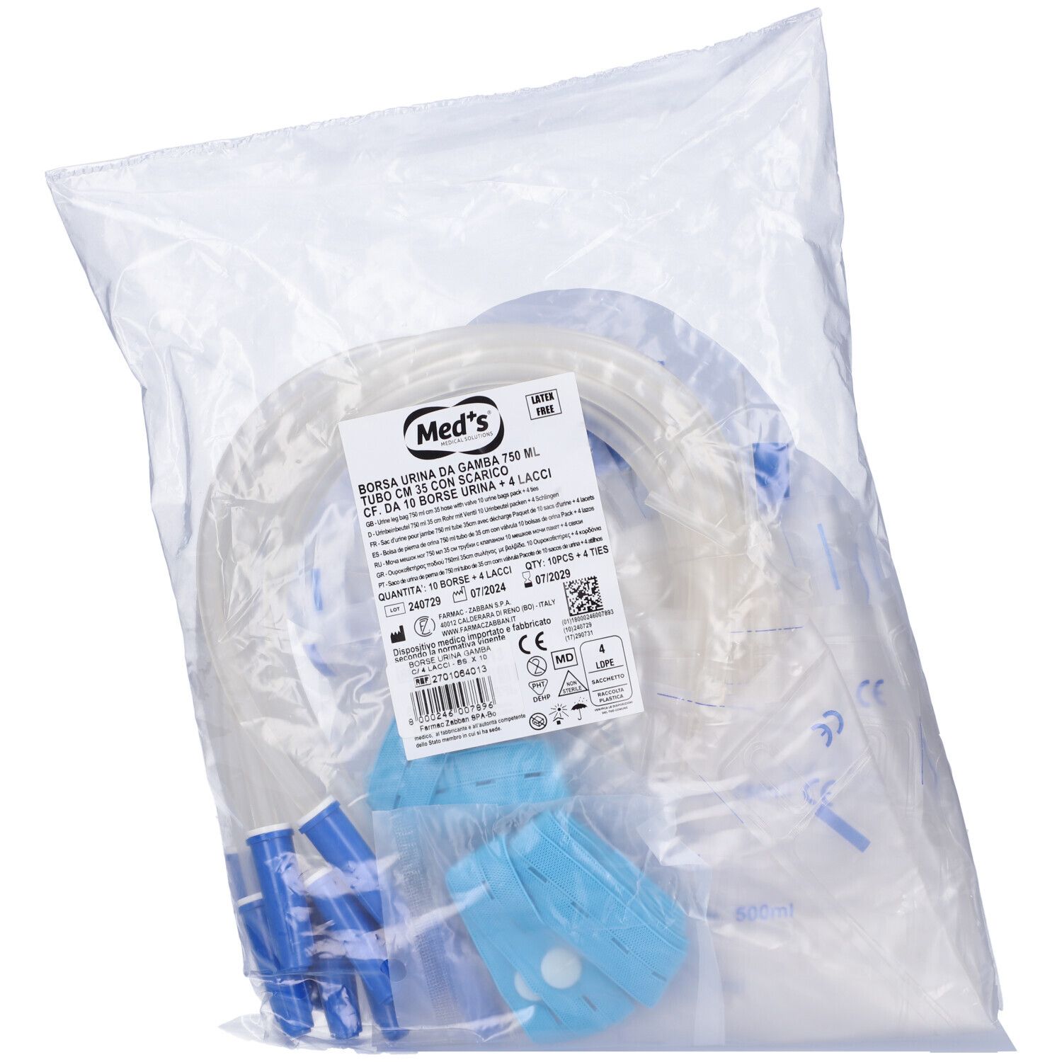 Sacca Raccolta Urina Da Gamba In Pvc Non Sterile Volume 750 Ml Tubo Lunghezza 35 Cm Con Scarico E Valvola Antireglusso 10 Pezzi + 4 Laccetti