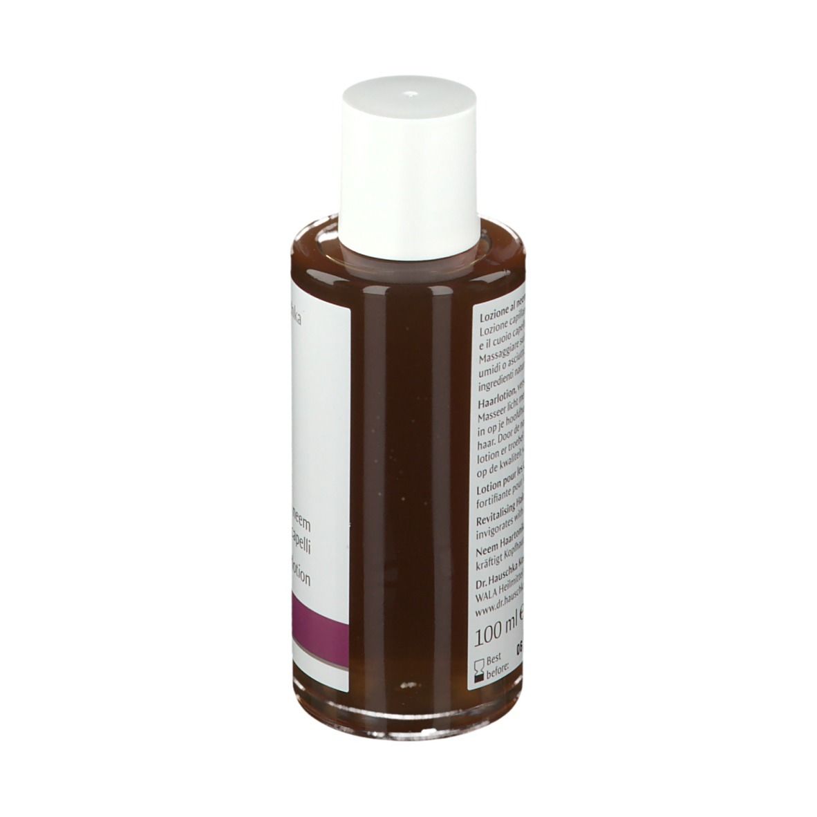 Vista posteriore di flacone in vetro con liquido marrone e tappo bianco. Etichetta con testo.