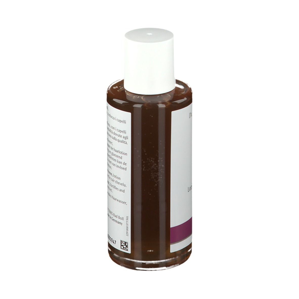 Vista posteriore di flacone in vetro con liquido marrone e tappo bianco. Etichetta con testo.