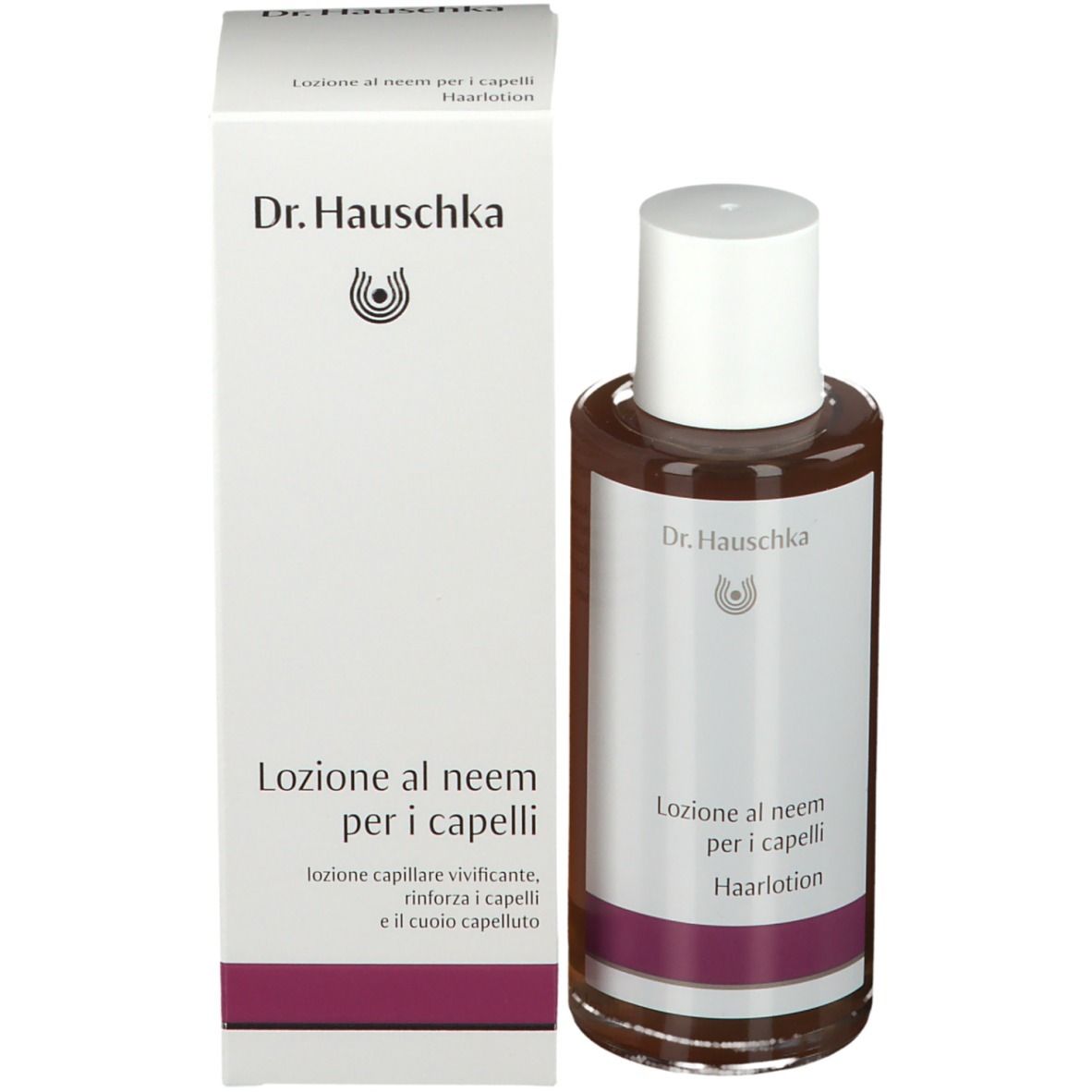 Flacone in vetro e scatola. Flacone con liquido marrone, tappo bianco ed etichetta. Scatola con testo.