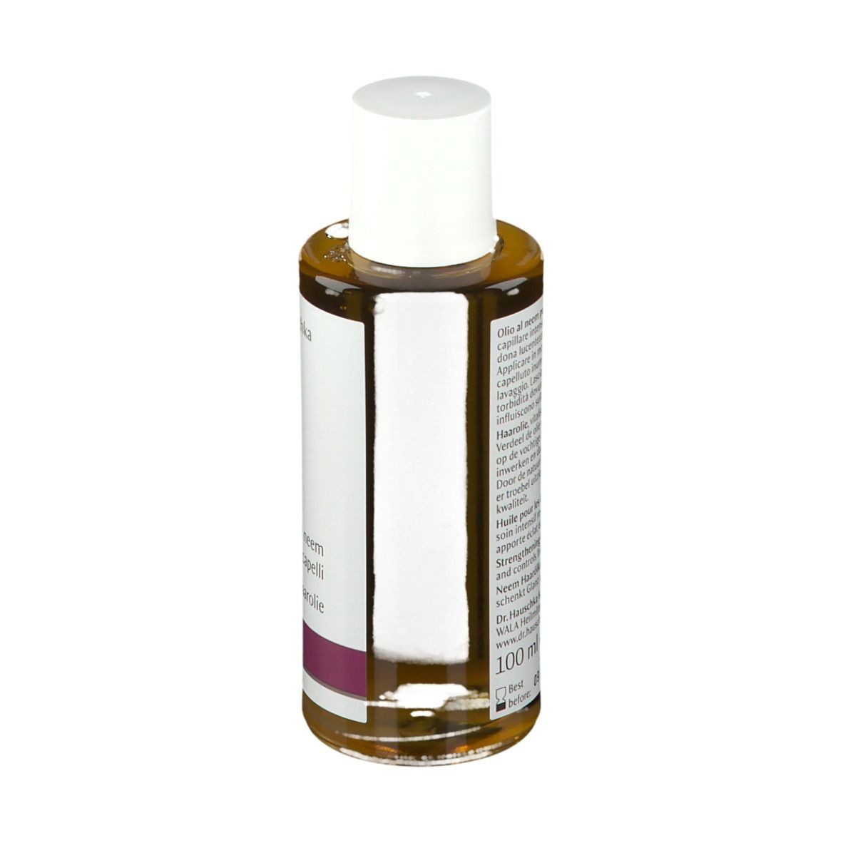Flacone marrone chiaro con tappo bianco. Etichetta con testo. Striscia viola in basso. 100 ml.