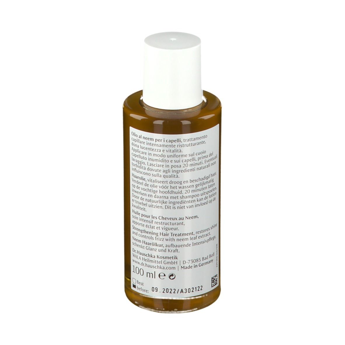 Flacone marrone chiaro con tappo bianco. Etichetta con testo. 100 ml. Da consumarsi preferibilmente entro 09.2022.