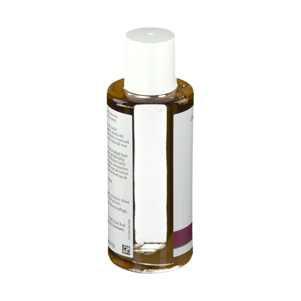 Flacone marrone chiaro con tappo bianco. Etichetta con testo. Striscia viola in basso.