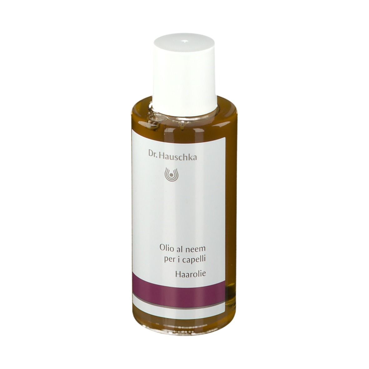 Flacone marrone chiaro con tappo bianco. Etichetta con nome del prodotto e marchio. Striscia viola in basso.