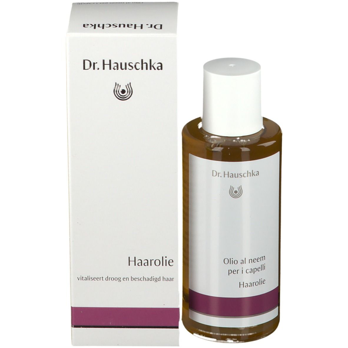 Flacone e confezione del prodotto. Confezione bianca con nome del prodotto e marchio. Strisce viola.