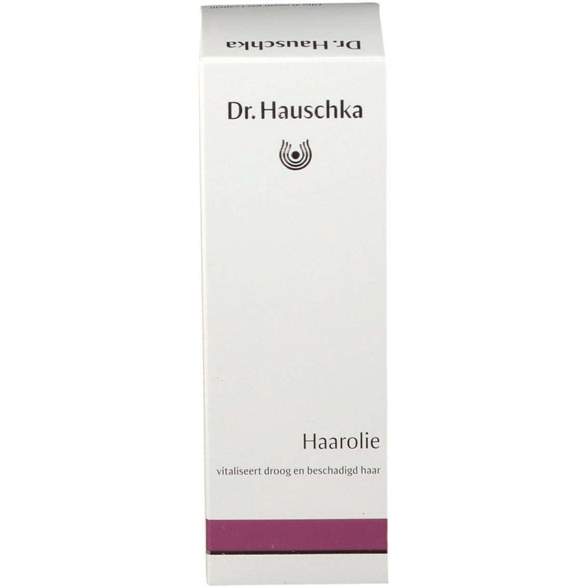 Confezione bianca con nome del prodotto e marchio. Striscia viola in basso. Testo.