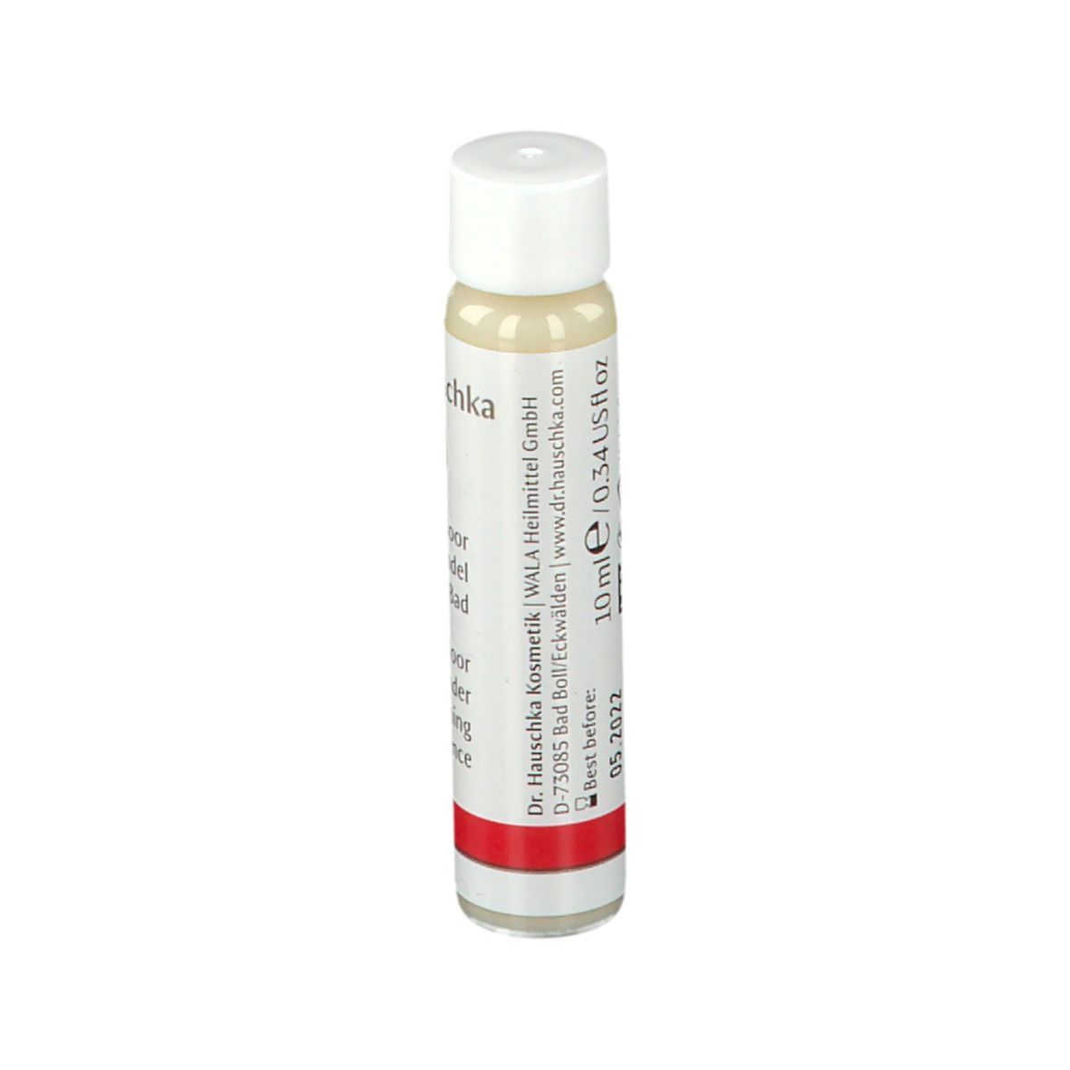 Piccola bottiglia con tappo bianco. Scritta: Dr. Hauschka, 10 ml/0.34 US fl oz, Best before: 05.2022.