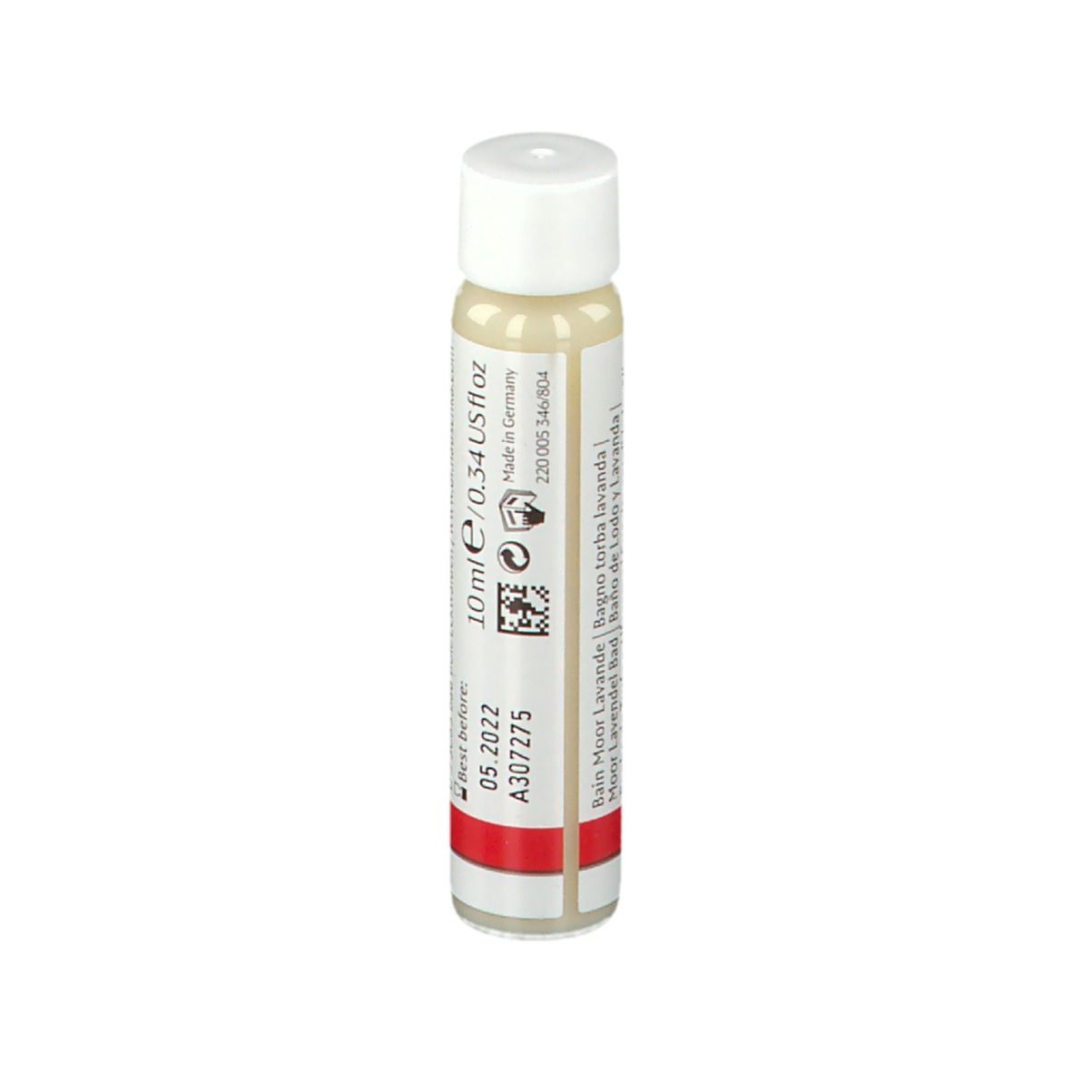 Piccola bottiglia con tappo bianco. Scritta: 10 ml/0.34 US fl oz, Made in Germany, Best before: 05.2022.