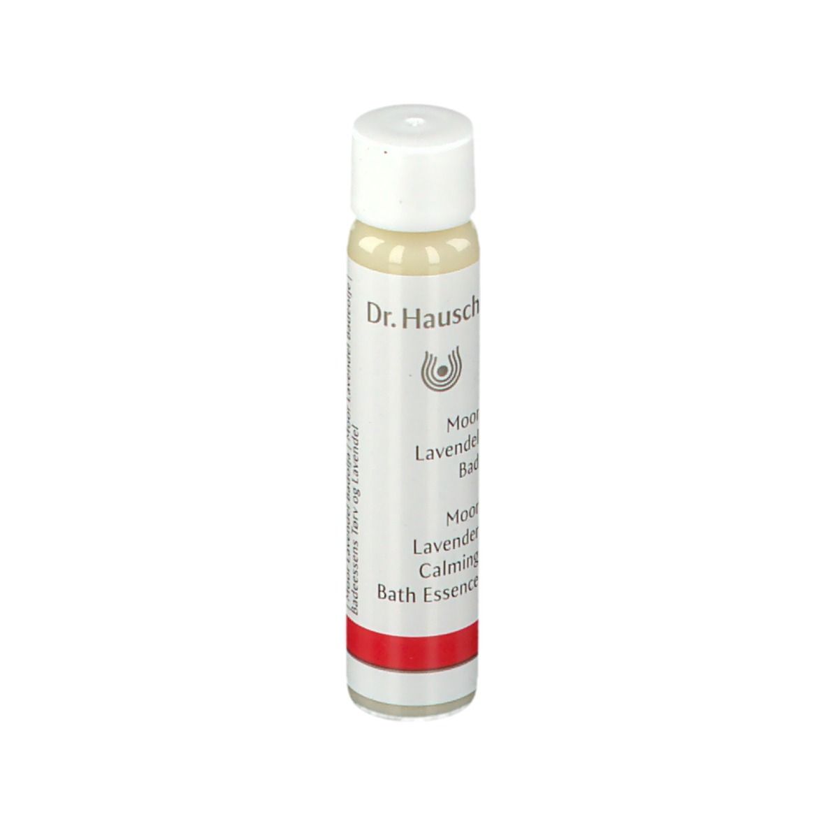 Piccola bottiglia con tappo bianco. Scritta: Dr. Hauschka, Moor Lavendel Bad, Bath Essence.