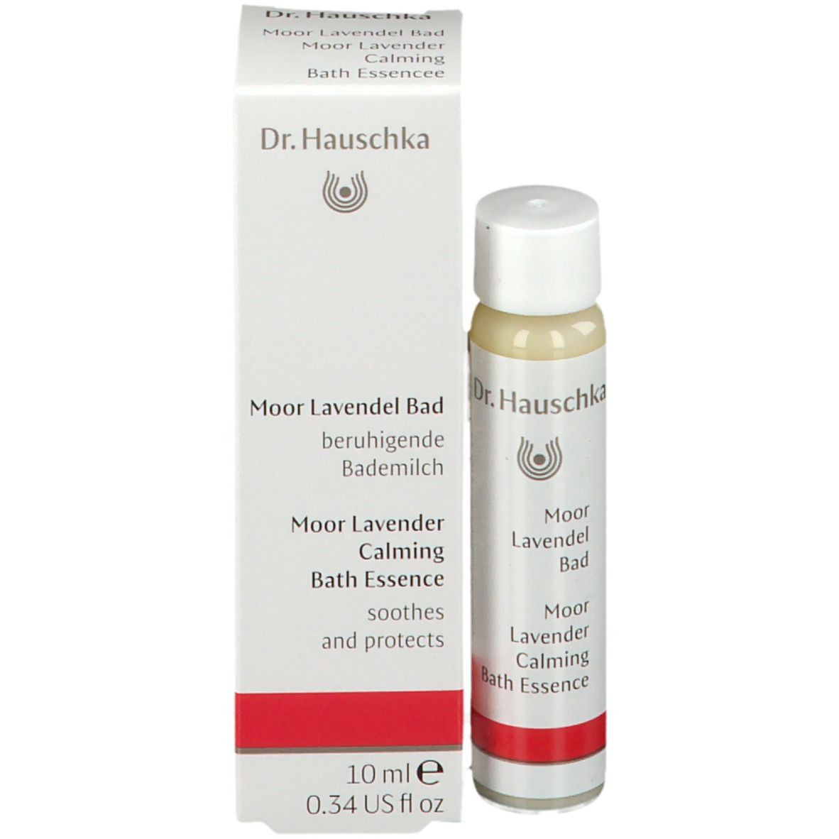 Bottiglia e confezione del prodotto. Confezione con scritta: Dr. Hauschka, Moor Lavendel Bad, 10 ml/0.34 fl oz.