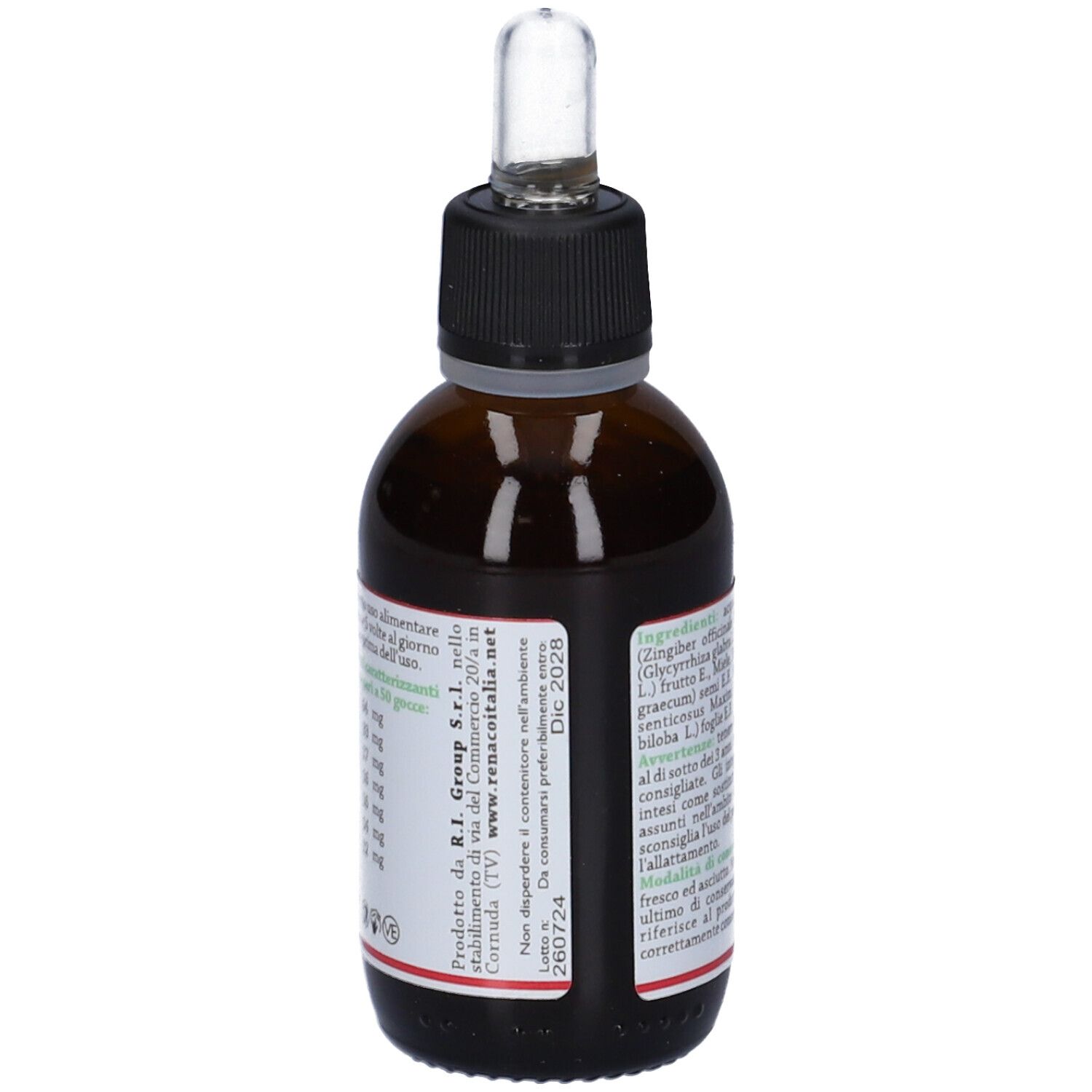 Flacone di vetro marrone con tappo nero e contagocce. Etichetta con informazioni produttore e ingredienti. Flacone contagocce.