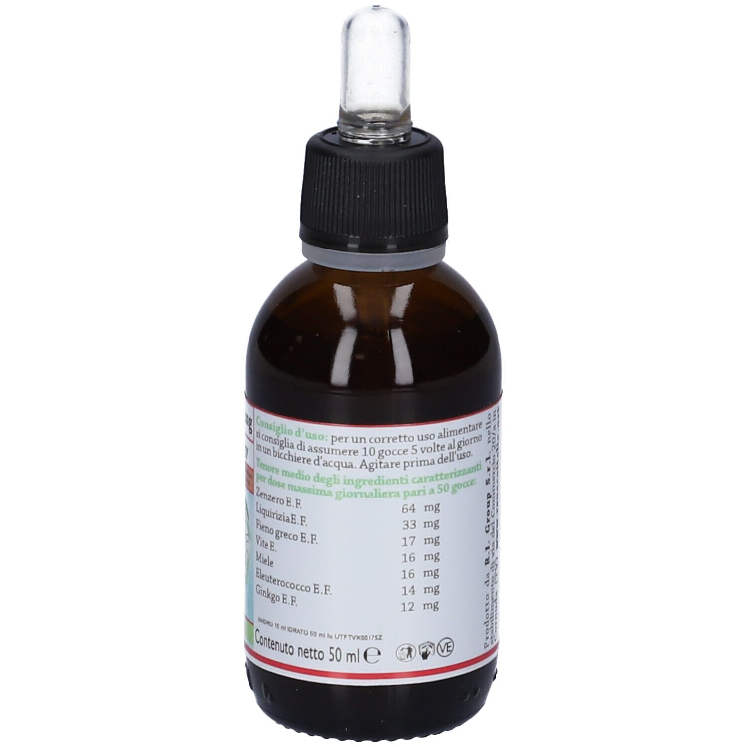 Flacone di vetro marrone con tappo nero e contagocce. Etichetta con informazioni nutrizionali. Flacone contagocce.