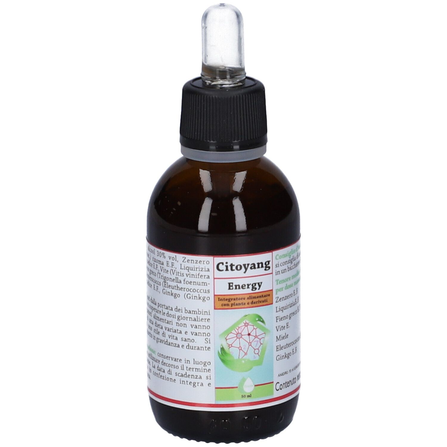 Flacone di vetro marrone con tappo nero e contagocce. Etichetta con nome del prodotto e ingredienti. Flacone contagocce.