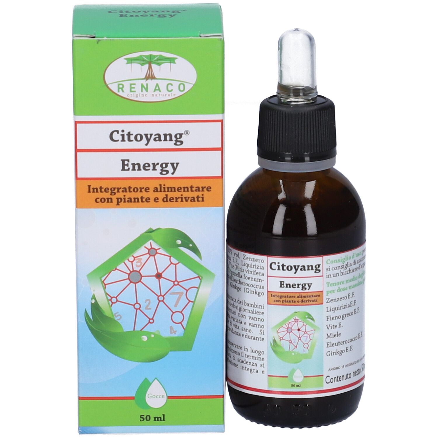 Flacone e confezione del prodotto. Flacone con tappo nero e contagocce. Scatola con nome del prodotto e logo.