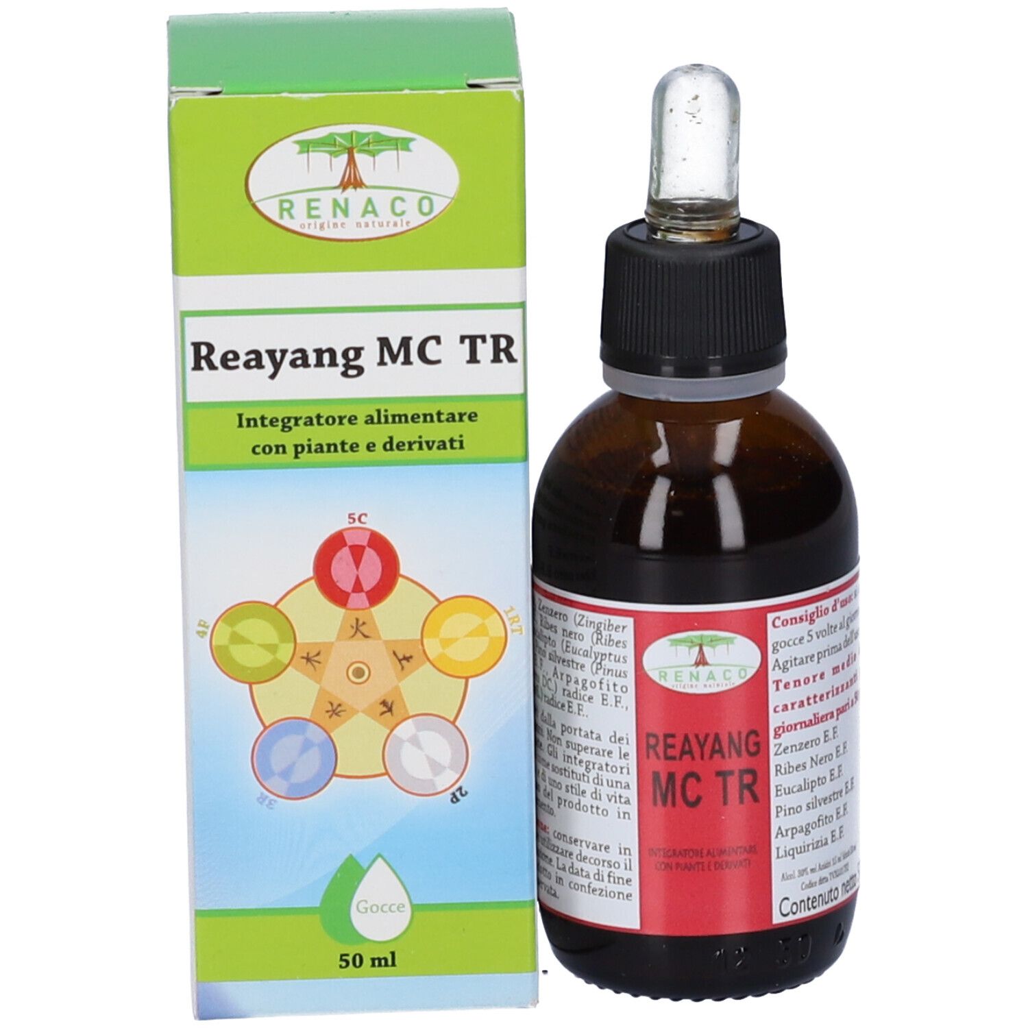 Flacone di vetro marrone con contagocce e confezione. Sulla confezione è scritto "Reayang MC-TR" e "50 ml".