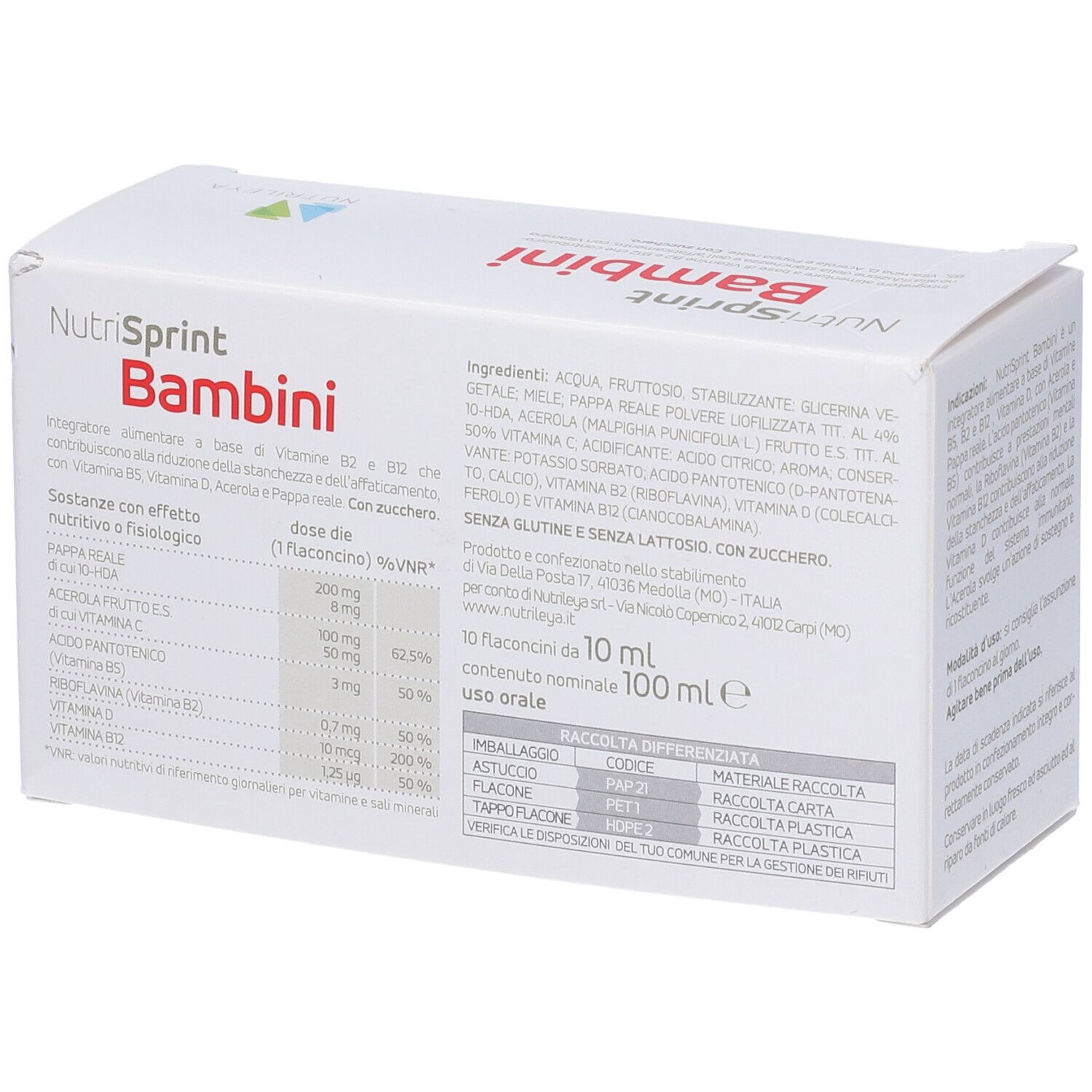 Scatola Nutrisprint Bambini con informazioni e logo. Retro con testo.