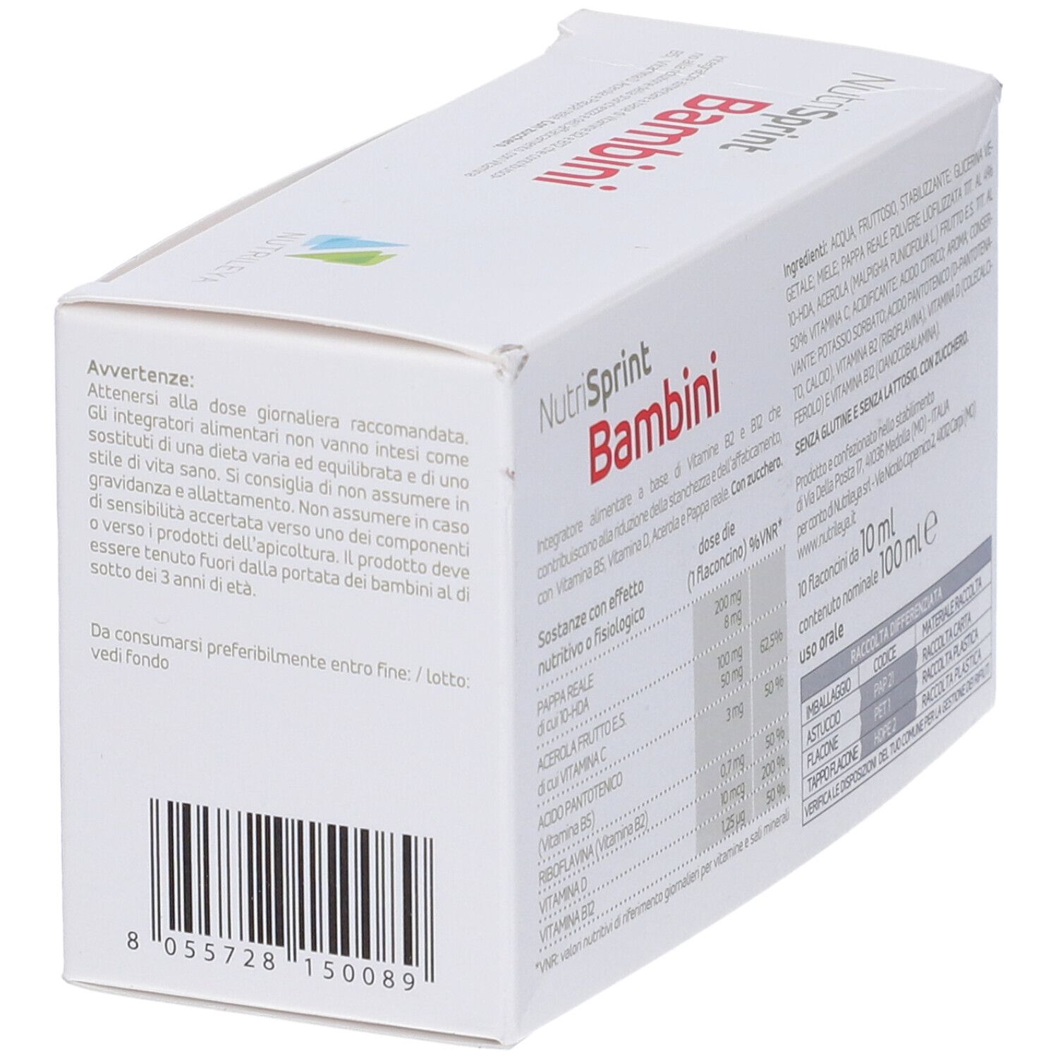 Scatola Nutrisprint Bambini con informazioni e logo. Retro con testo.