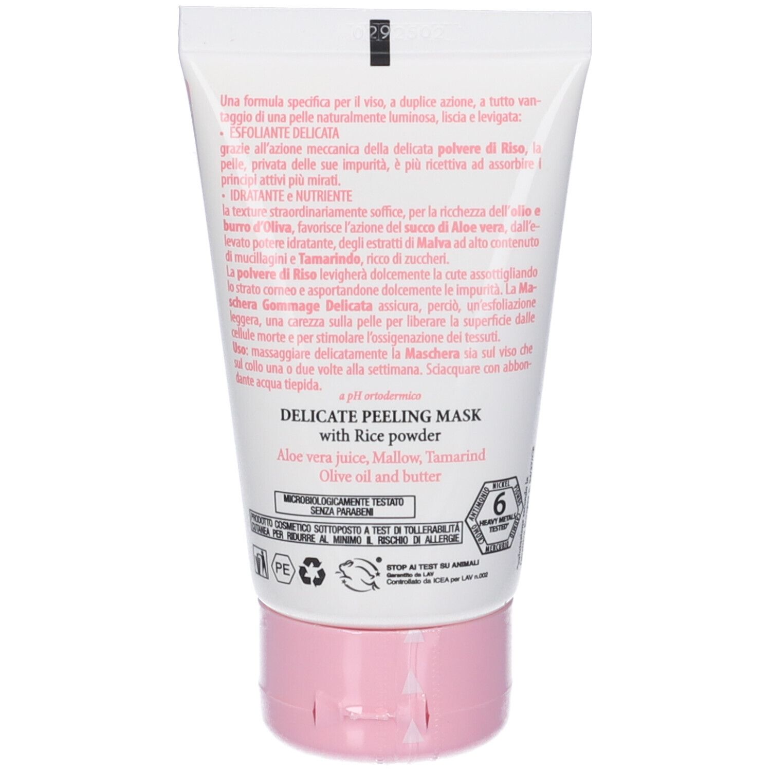 Tubo bianco con tappo rosa. Contiene una maschera peeling delicata con polvere di riso, aloe vera, malva, tamarindo, olio d'oliva e burro.