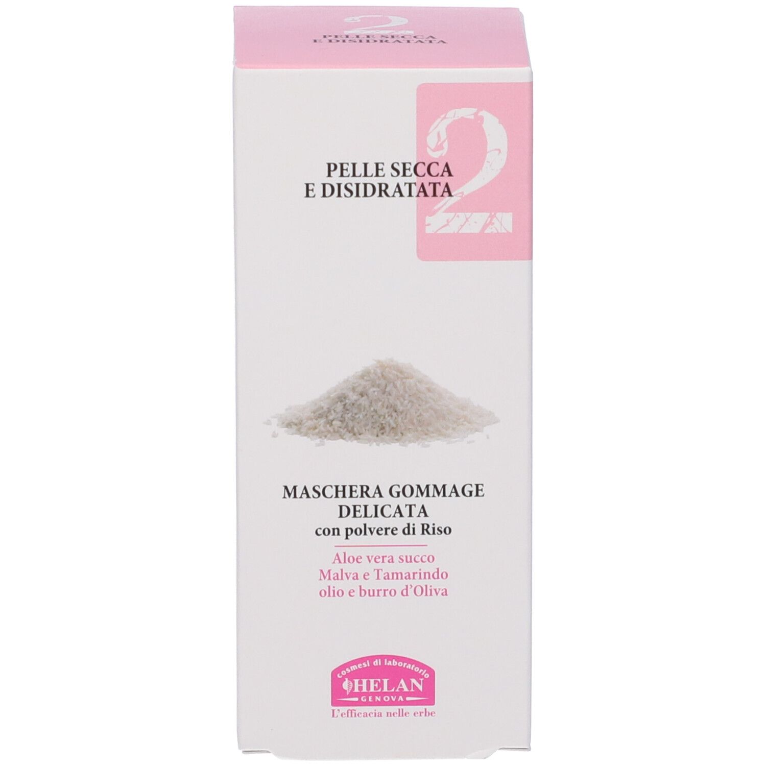 Confezione per maschera gommage con polvere di riso per pelli secche e disidratate. Contiene aloe vera, malva, tamarindo, olio e burro d'oliva.