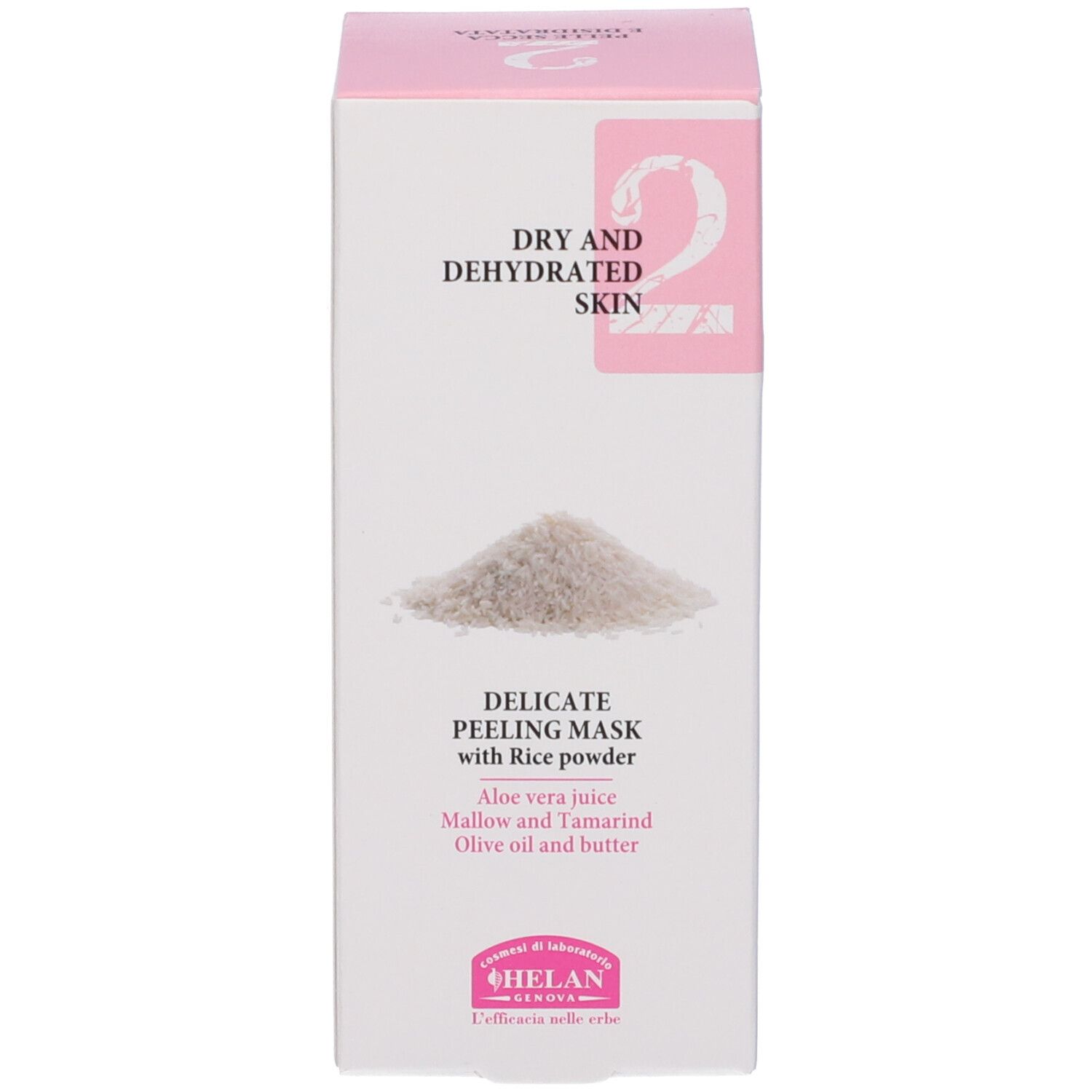 Confezione di maschera peeling delicata con polvere di riso per pelli secche e disidratate. Contiene aloe vera, malva, tamarindo, olio d'oliva e burro.