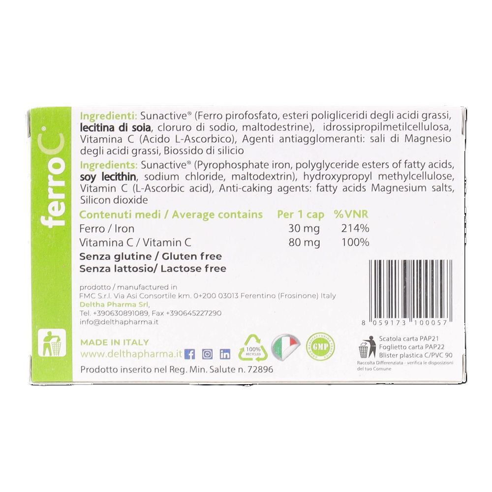 Retro confezione "ferroC". Contiene ingredienti, informazioni nutrizionali e produttore. Senza glutine e lattosio.