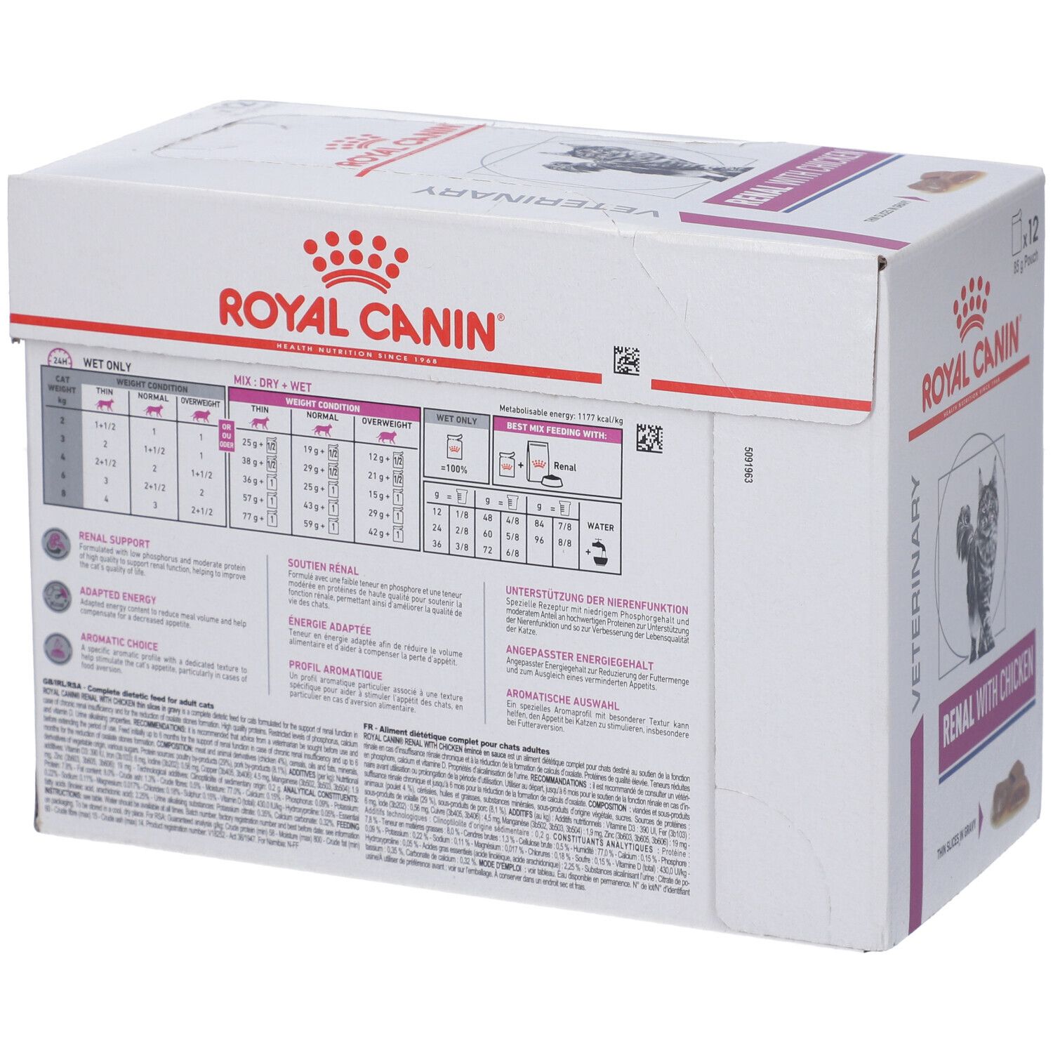 Retro della confezione in cartone. Testo con informazioni nutrizionali e raccomandazioni per l'alimentazione. Logo ROYAL CANIN.
