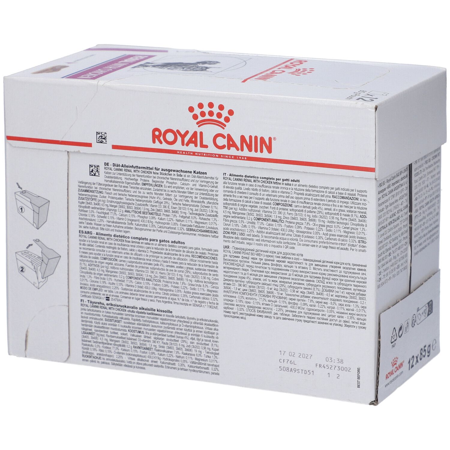 Lato della confezione in cartone. Testo con informazioni nutrizionali e raccomandazioni per l'alimentazione. Logo ROYAL CANIN.