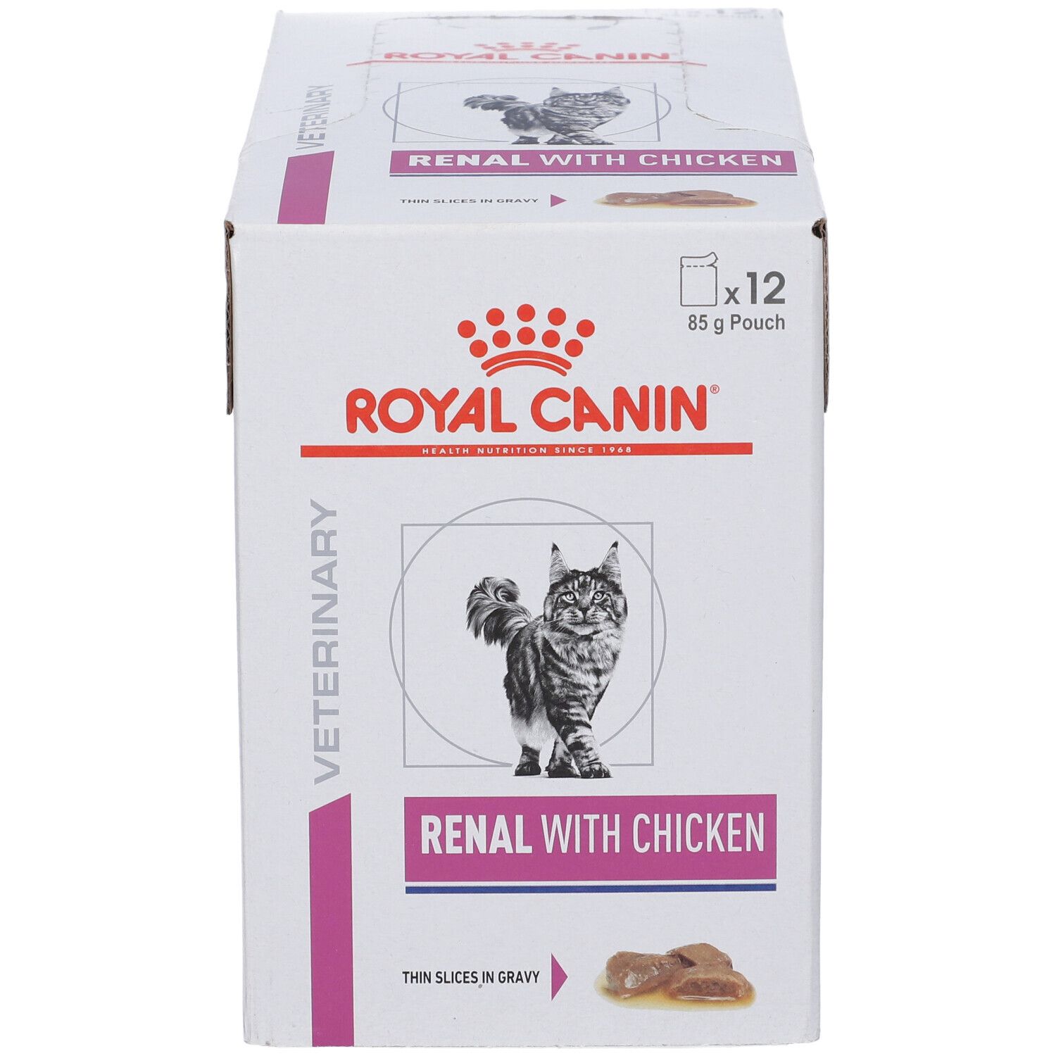 Fronte della confezione in cartone. Logo ROYAL CANIN, RENAL WITH CHICKEN. Immagine di un gatto.