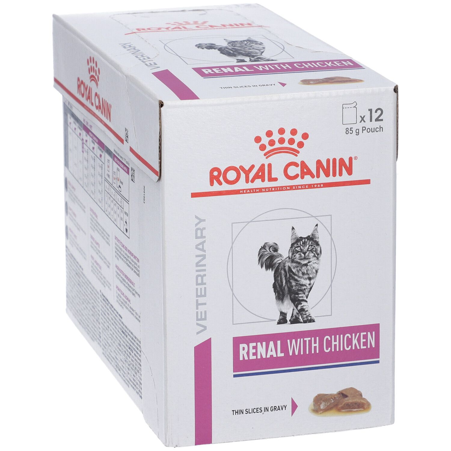 Fronte della confezione in cartone. Logo ROYAL CANIN, RENAL WITH CHICKEN. Immagine di un gatto.