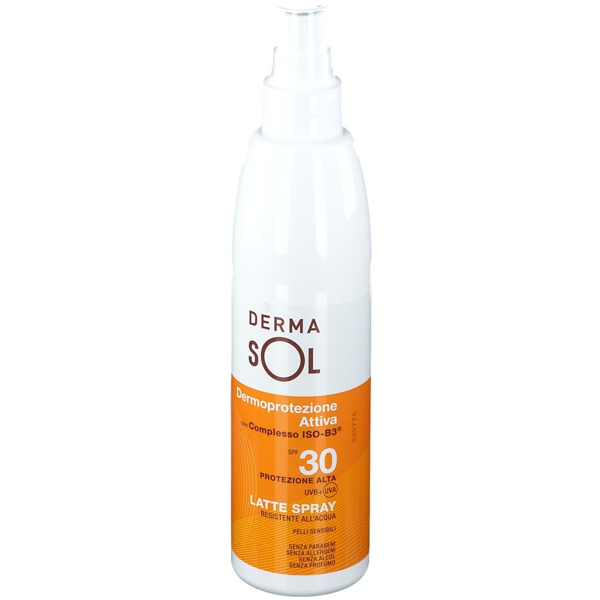 Flacone bianco con erogatore spray. Etichetta con testo: Dermasol, SPF 30, Latte Spray. Sfondo arancione.