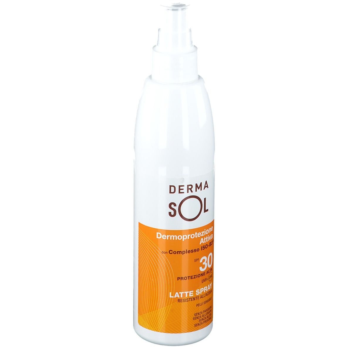 Flacone bianco con erogatore spray. Etichetta con testo: Dermasol, SPF 30, Latte Spray. Sfondo arancione.