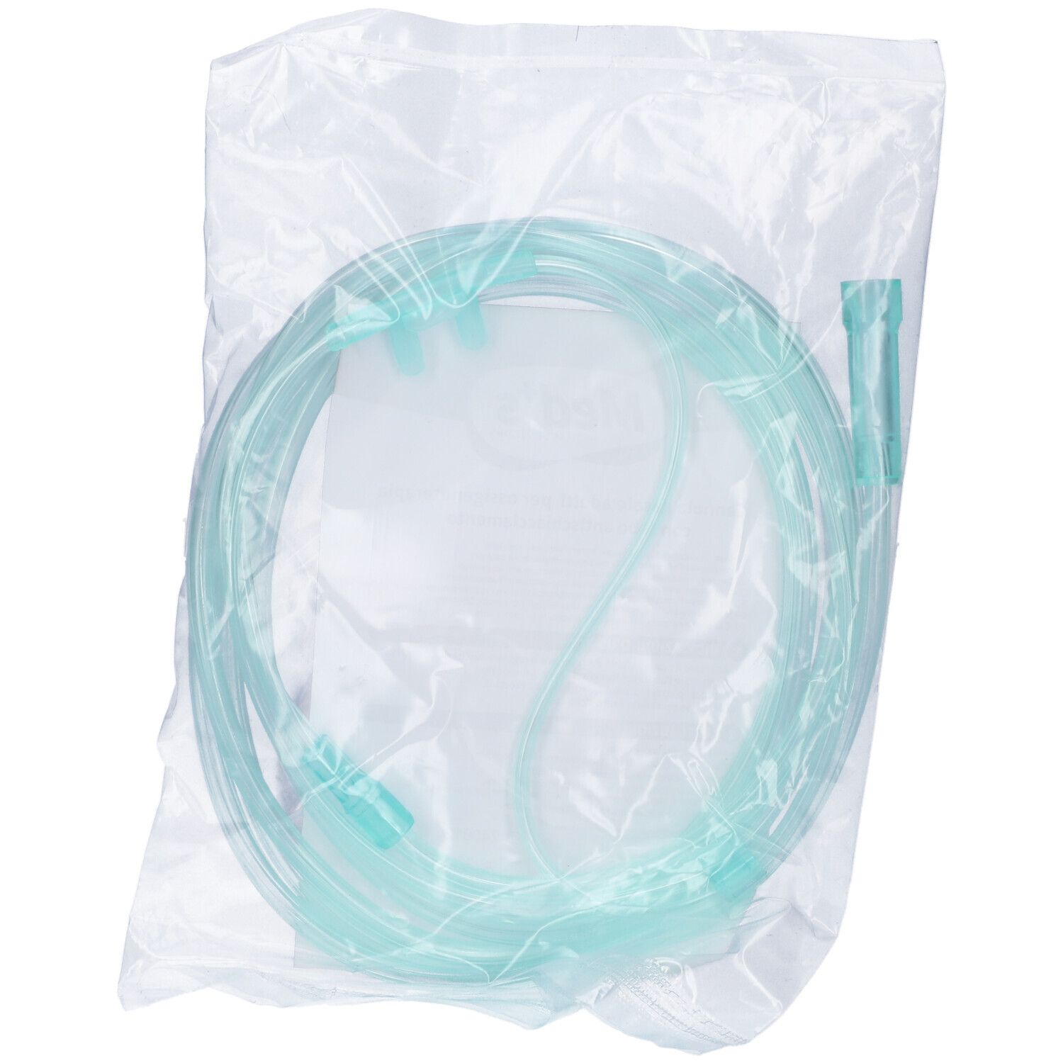 Cannula nasale per ossigenoterapia confezionata. Confezione trasparente. Visibile: tubo e raccordi.