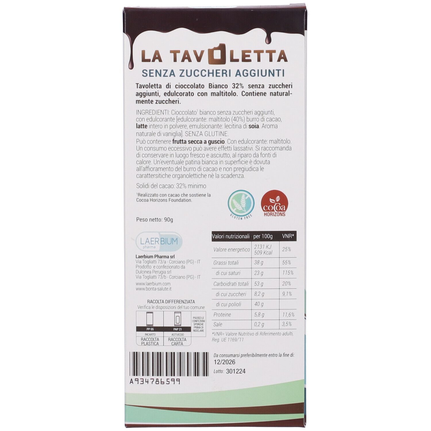 Retro della confezione di cioccolato. Testo: La Tavoletta, senza zuccheri aggiunti. Elenco ingredienti, informazioni nutrizionali, logo. Peso: 90g.