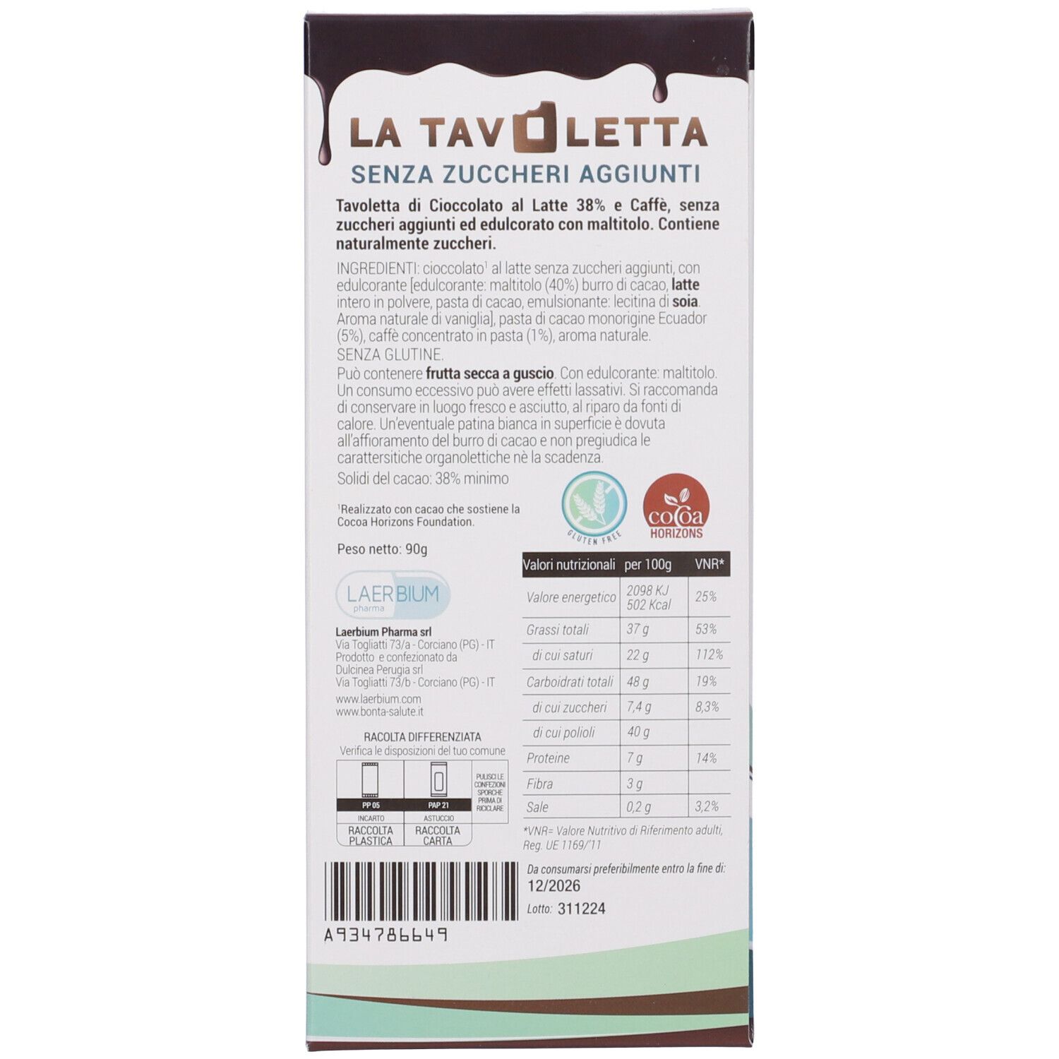 Retro della confezione di cioccolato. Testo: La Tavoletta, Senza Zuccheri Aggiunti. Lista ingredienti, valori nutrizionali, logo, scadenza.