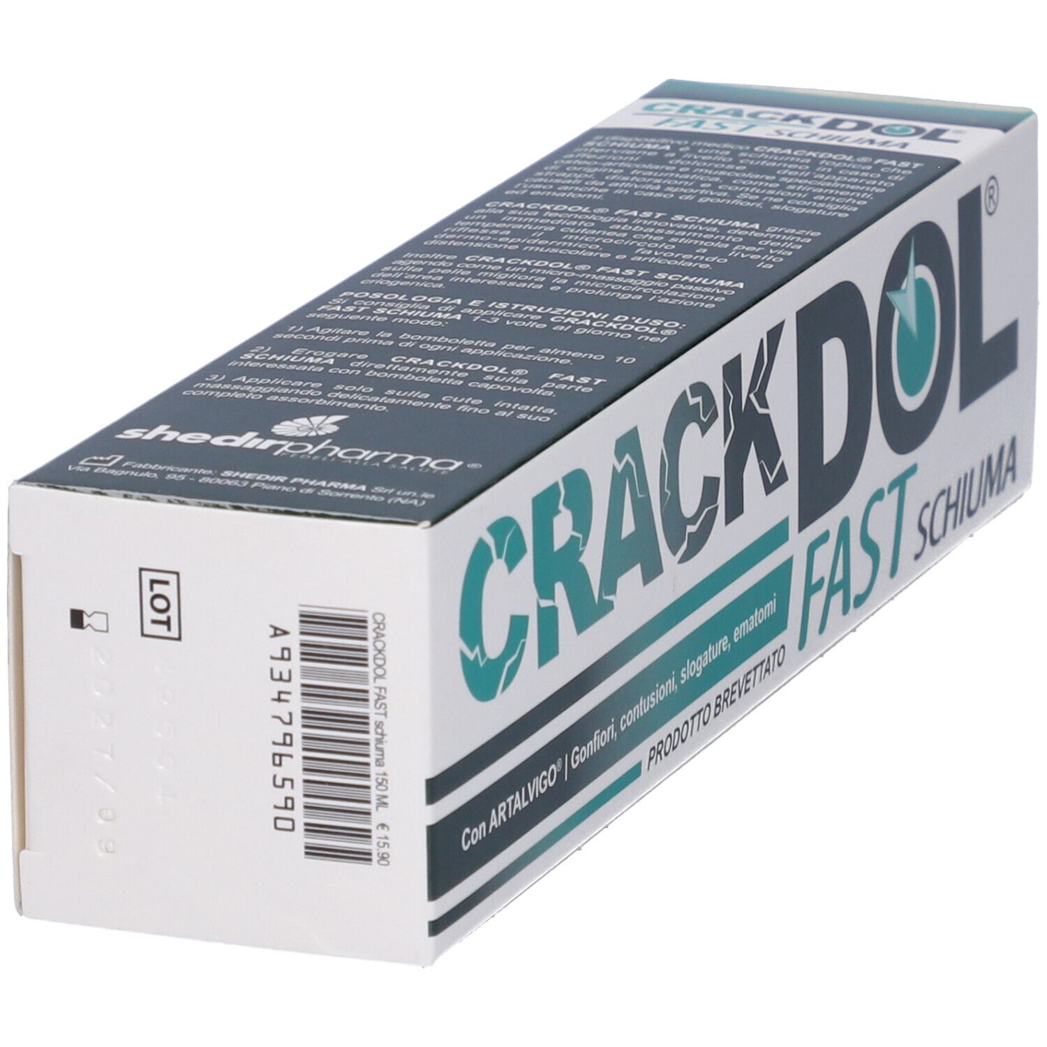 Confezione CrackDOL FAST Schiuma. Scatola bianca e verde con testo. Forma rettangolare.