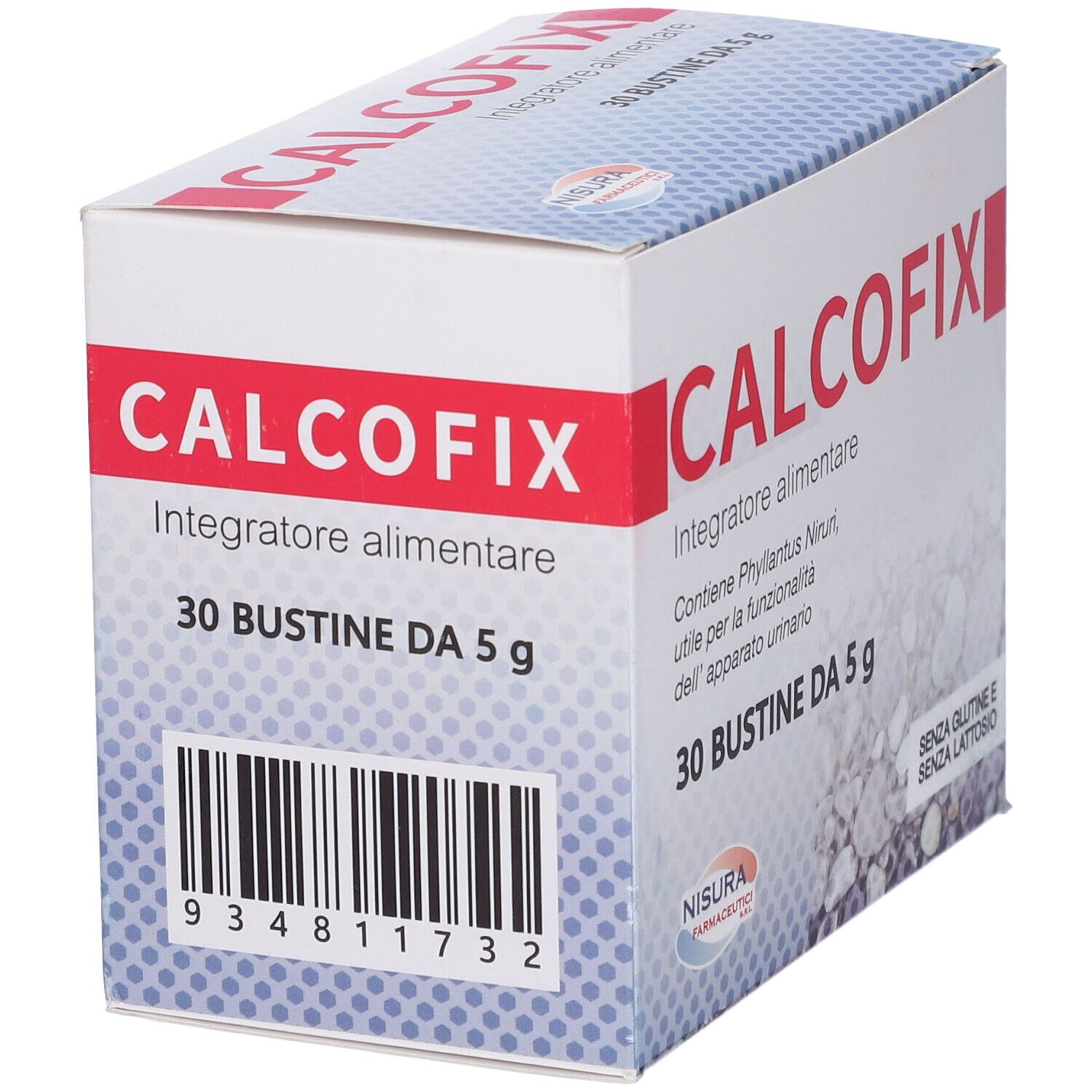 Confezione Calcofix con codice a barre. Contiene 30 bustine. Scritta: Integratore alimentare. Senza glutine e senza lattosio.