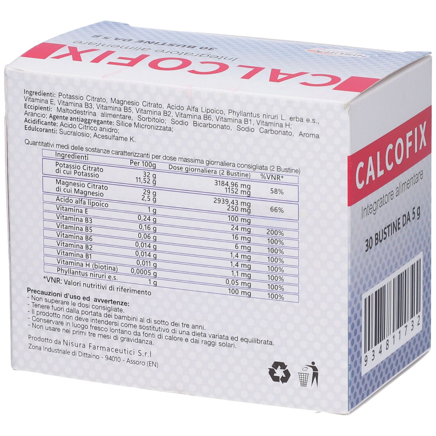 Retro della confezione Calcofix. Contiene ingredienti e informazioni nutrizionali. Scritta: Integratore alimentare.