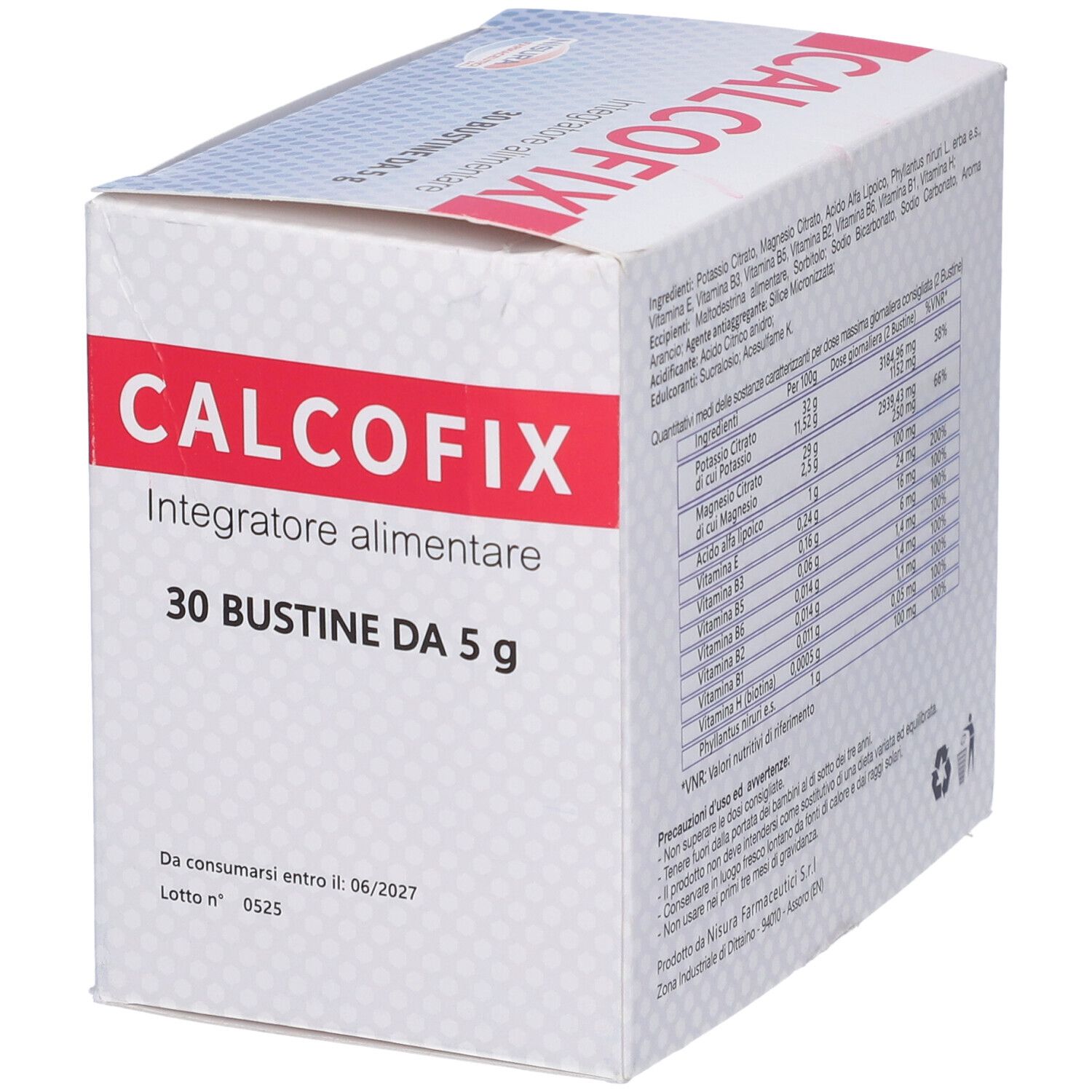 Confezione Calcofix. Contiene 30 bustine. Scritta: Integratore alimentare. Scadenza: 06/2027.